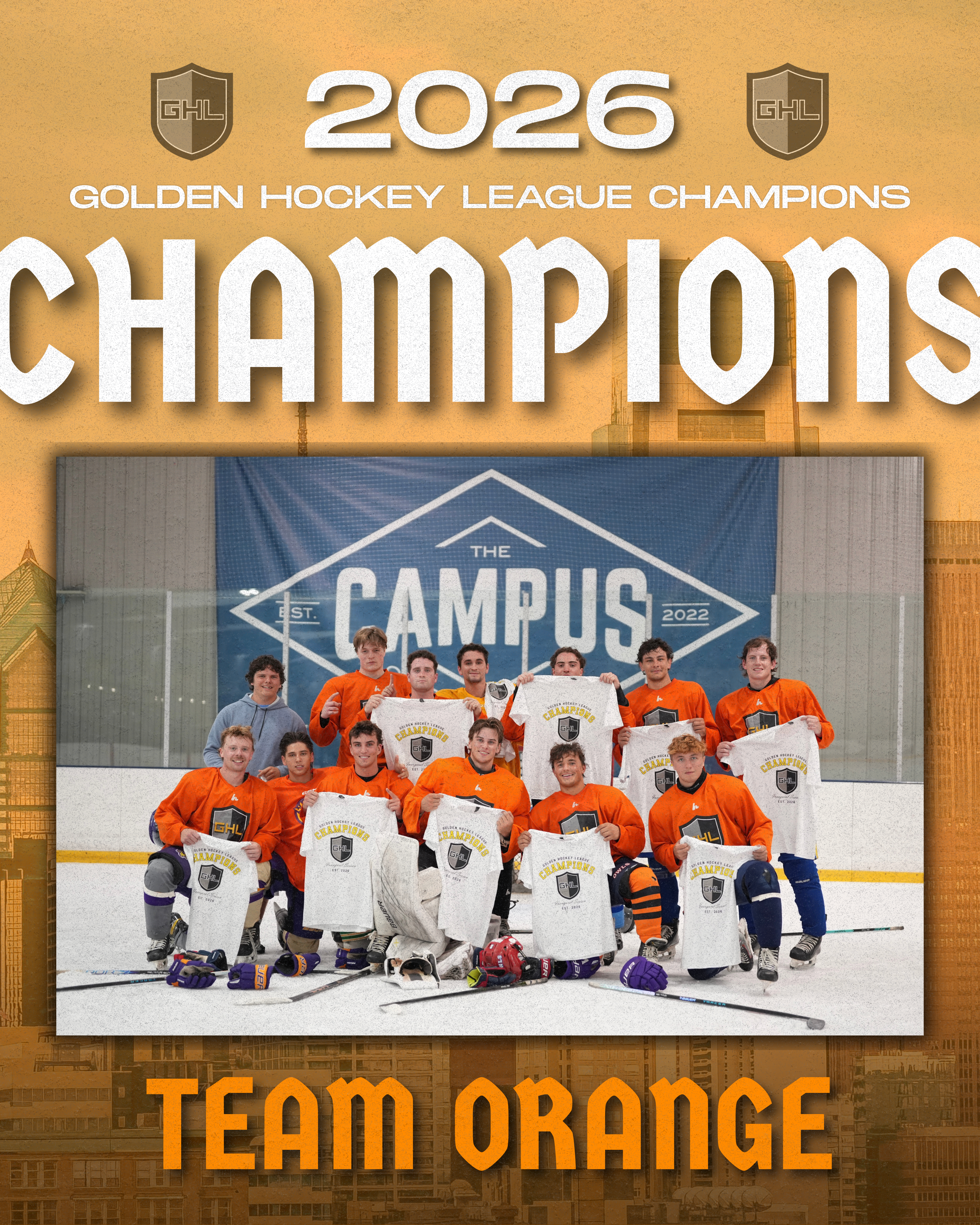 Team Orange celebrating the 2026 Golden Hockey League championship